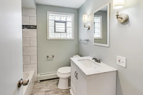 a bathroom with a sink a toilet and mirror