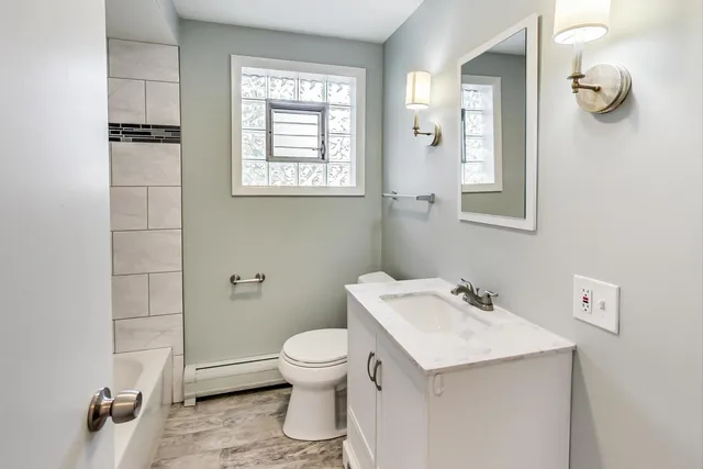a bathroom with a sink a toilet and mirror