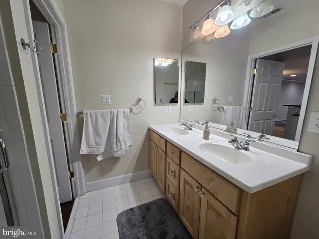 a bathroom with a sink a mirror a vanity and a shower