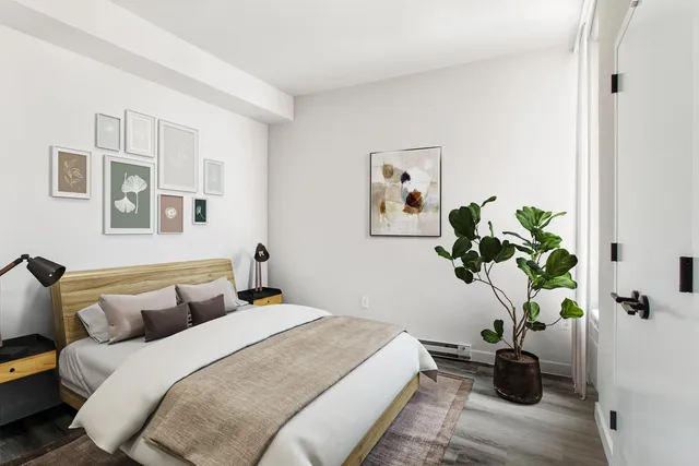 a bedroom with bed a couch and potted plant