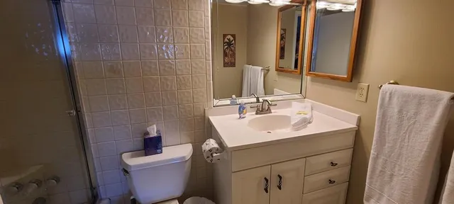 a bathroom with a sink toilet and mirror