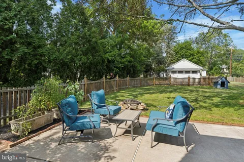 a backyard of a house with table and chairs