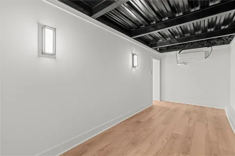 a view of a park with large trees