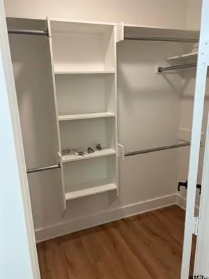 a view of walk in closet with empty racks