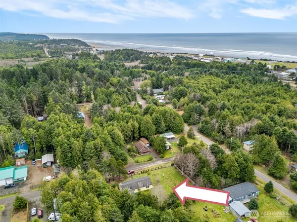 an aerial view of residential houses with outdoor space and trees