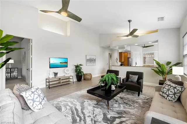 a living room with furniture and a potted plant
