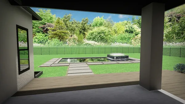 a view of a yard with a table and chair