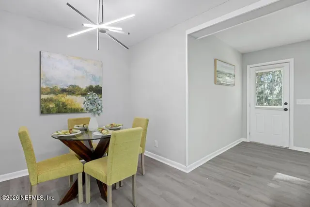 a view of a dining room with furniture and wooden floor