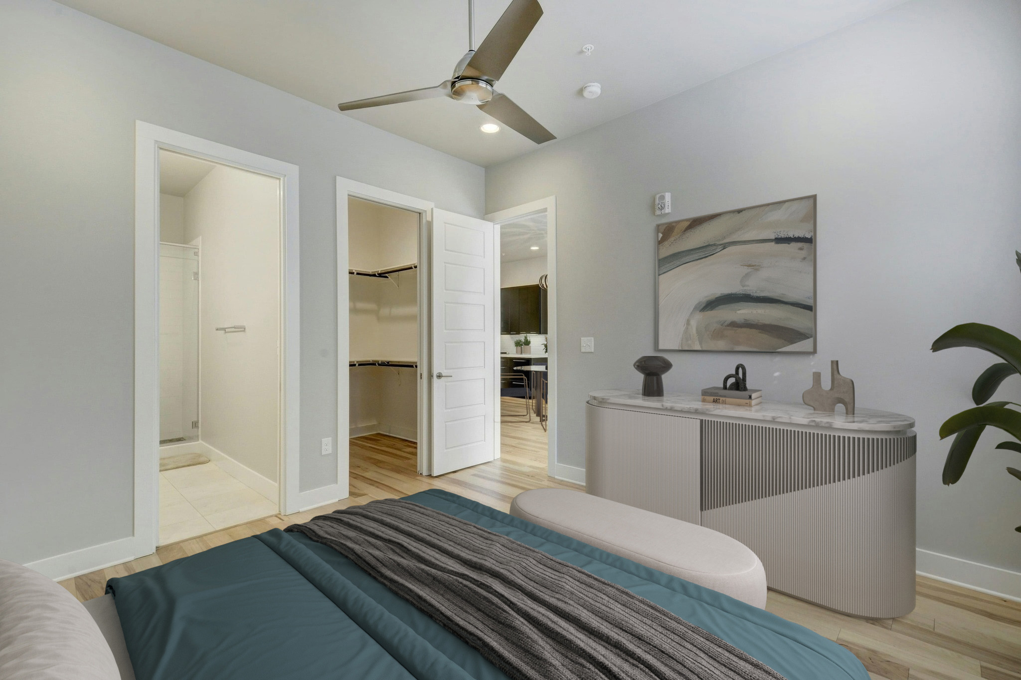 2314 Enfield Road, Unit 202 Austin, TX 78703 - Photo 9 of 20 A tranquil primary bedroom with a large walk in closet and en-suite bathroom awaits.