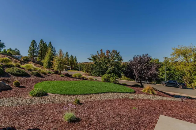 a view of house with yard outdoor seating and covered with potted plants