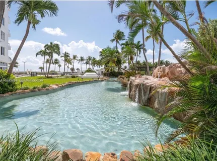 a view of a park with a palm tree