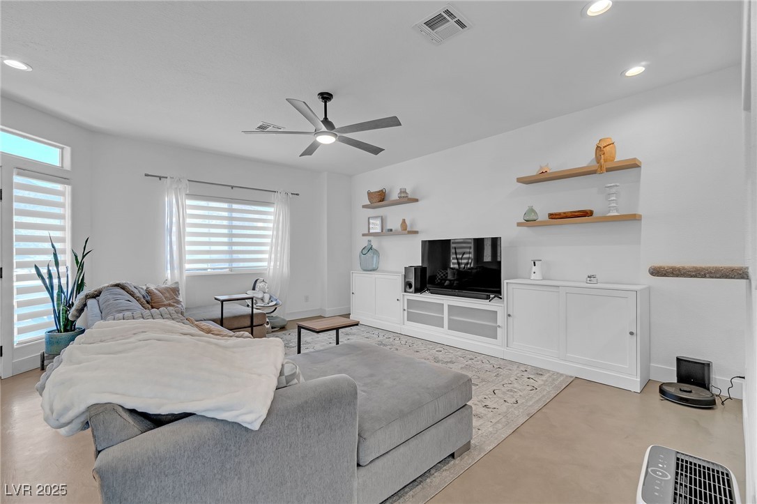 655 Florence Drive Boulder City, NV 89005 - Photo 8 of 63 Living area featuring recessed lighting and a ceiling fan and floating shelves