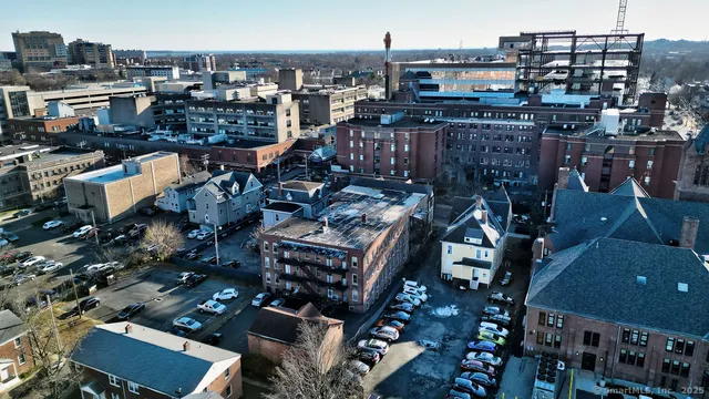 a city view with tall buildings