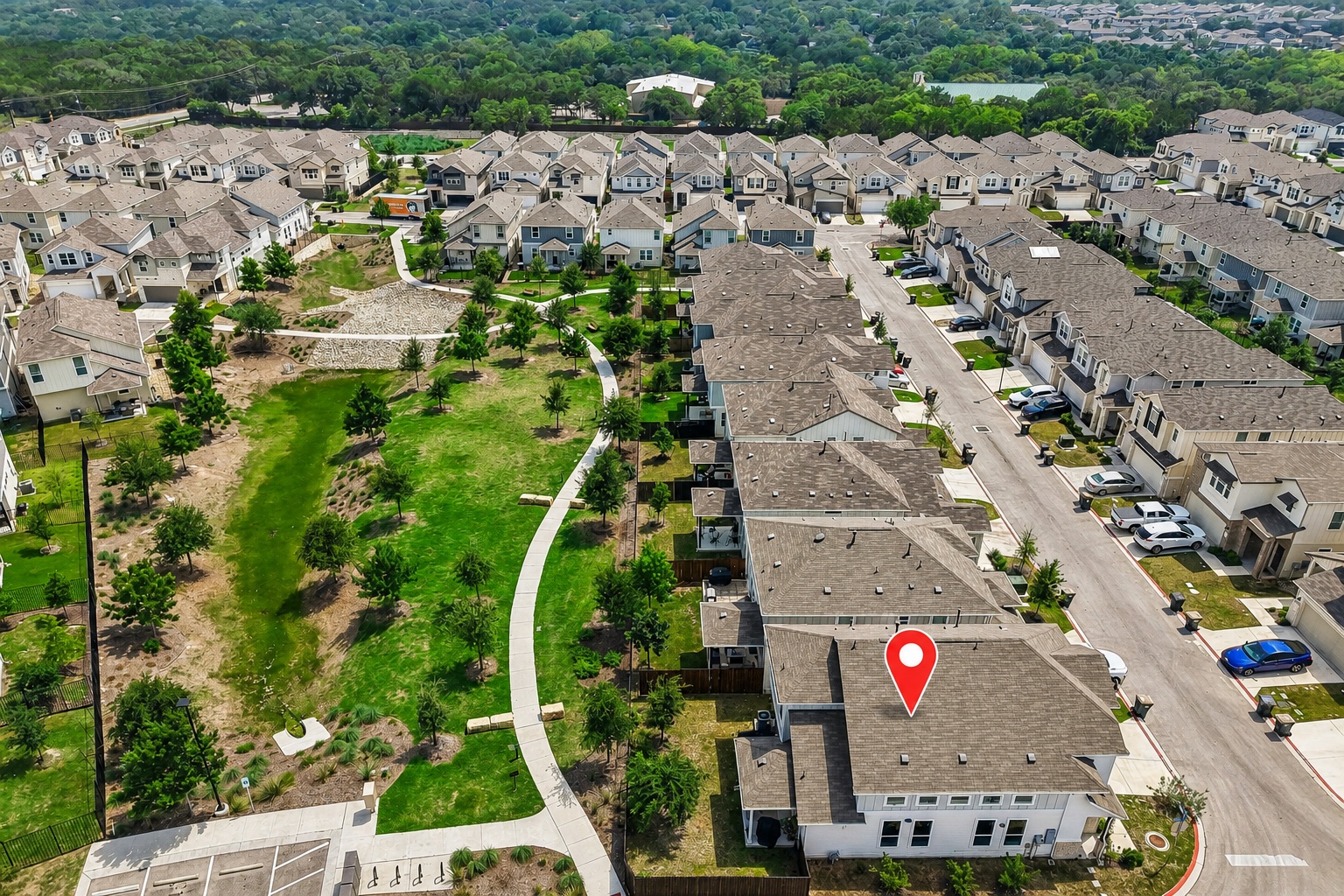 9901 Thane Way, Unit 91 Austin, TX 78748 - Photo 2 of 24 9901 Thane Way is located on a corner lot with views of the community green space and trails and only one neighbor.