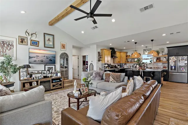 a living room with furniture kitchen view and a potted plant