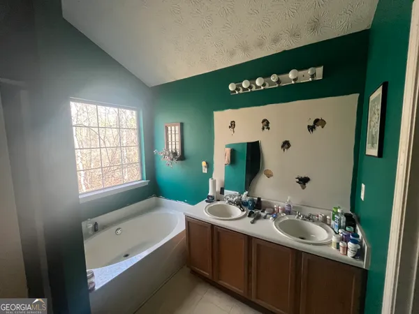 a bathroom with a sink double vanity mirror and a bathtub