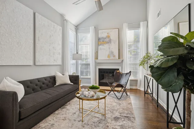 a living room with furniture a fireplace and a potted plant