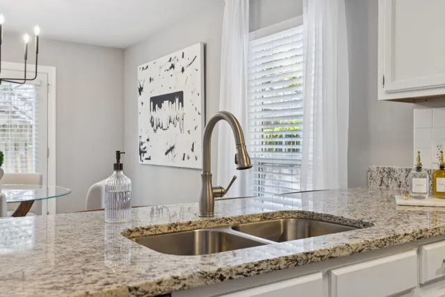 a view of a backyard with plants and large tree