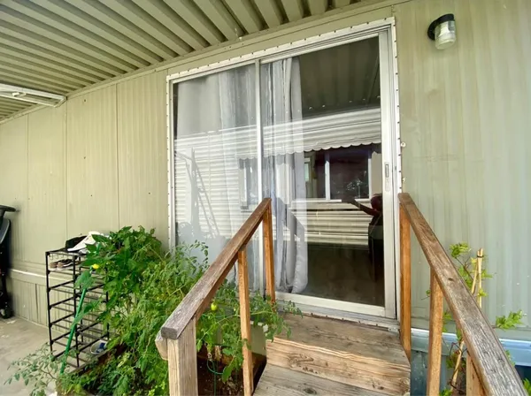 a porch with seating space