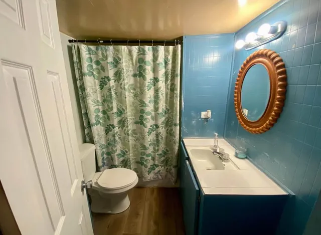 a bathroom with a sink mirror vanity and toilet