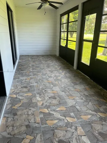 a view of a park with large trees