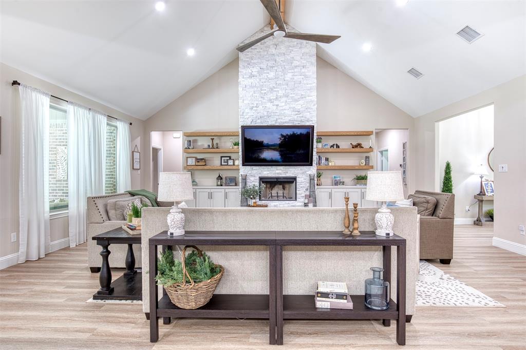 a living room with fireplace furniture and a flat screen tv