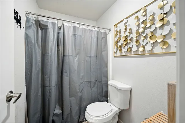 a white toilet sitting next to a shower curtain