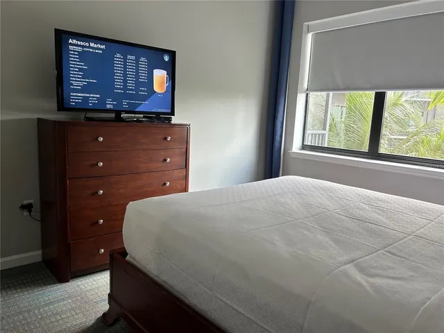 a bedroom with a bed and closet