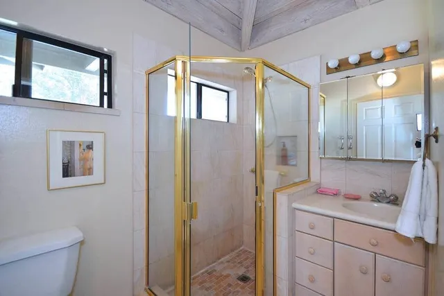 a bathroom with a granite countertop sink toilet and shower