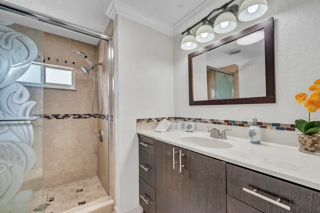 a bathroom with a sink mirror and a shower