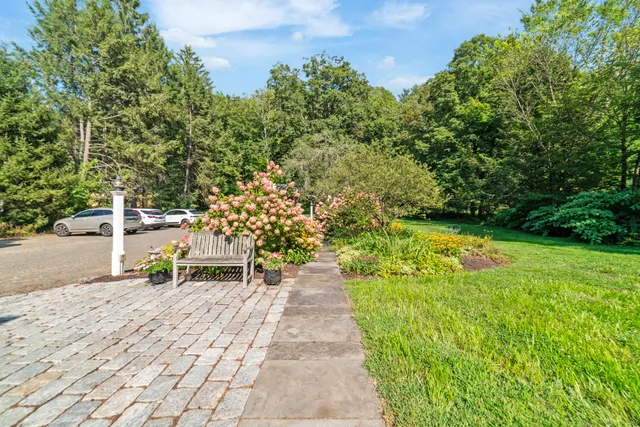 a view of a bench in the garden