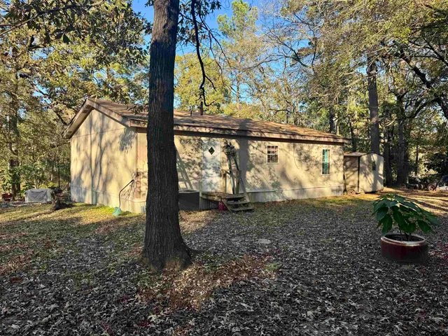a view of a yard with plants and trees