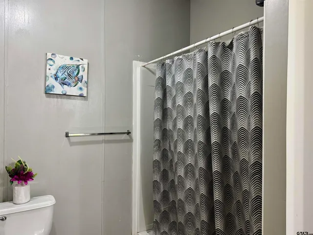a bathroom with a shower curtain