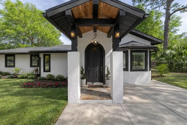 a view of a house with a small yard plants and large tree