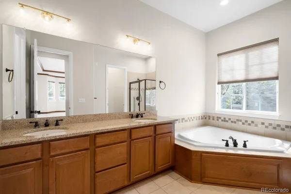 a bathroom with a tub sink and mirror