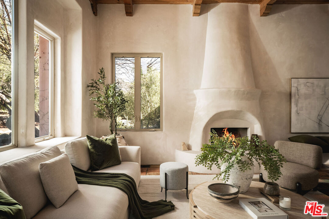 a living room with furniture and a potted plant