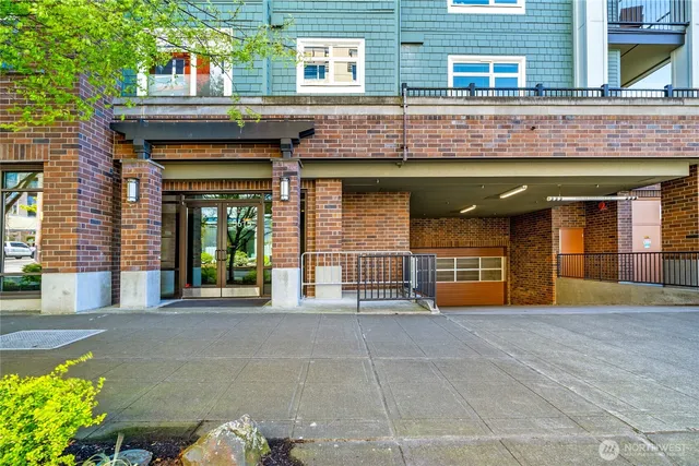 a view of a building with a large window