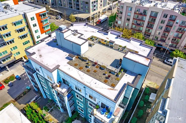 a city view with tall buildings