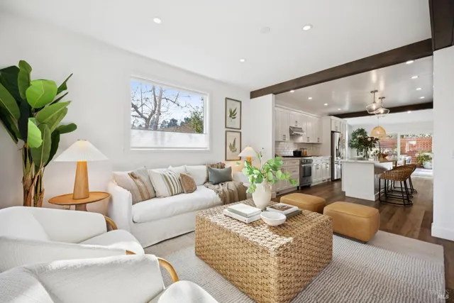 a living room with furniture potted plant and kitchen view