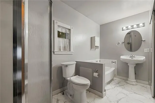 a bathroom with a toilet a sink and a mirror