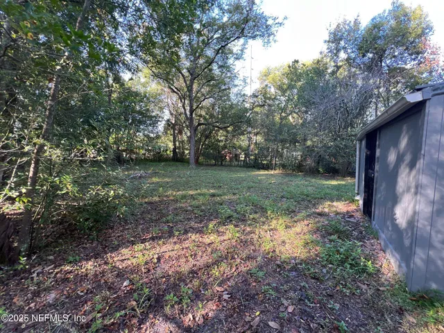 a view of a backyard with trees