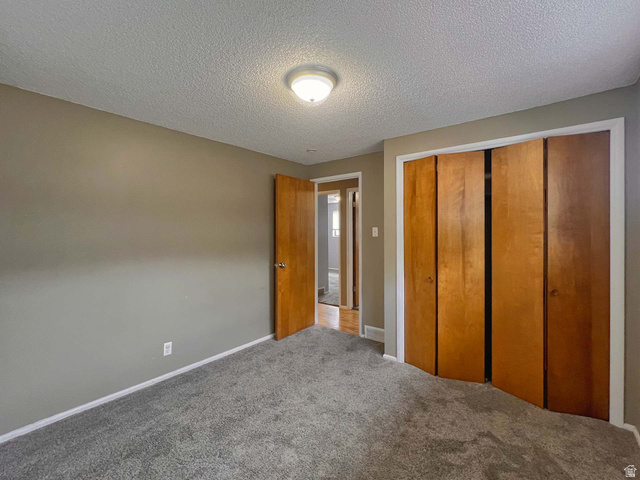 3138 Jean Street Magna, UT 84044 - Photo 15 of 26 Bedroom featuring neutral gray wall paint, textured ceiling, flush-mount ceiling light fixture, and gray carpeting