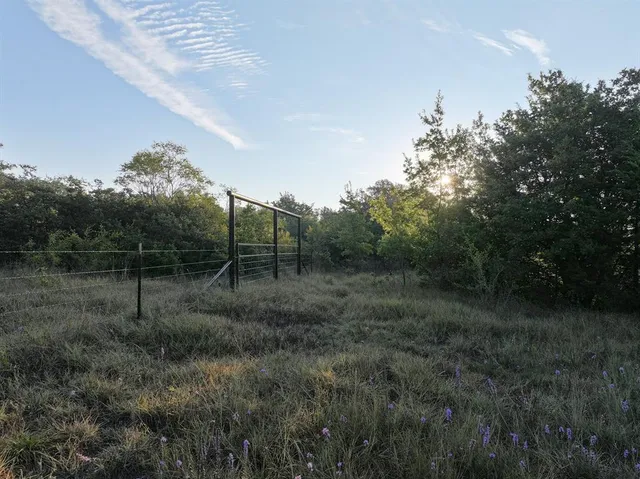 an aerial view of residential houses with outdoor space and trees
