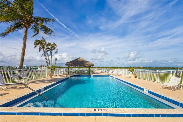 a view of a swimming pool with lawn chairs and couches