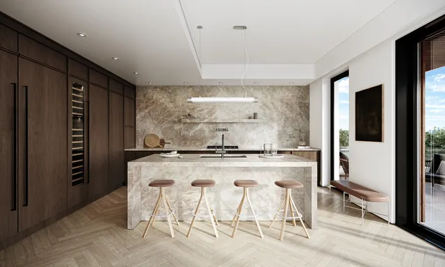 a kitchen with a stove a refrigerator and chairs