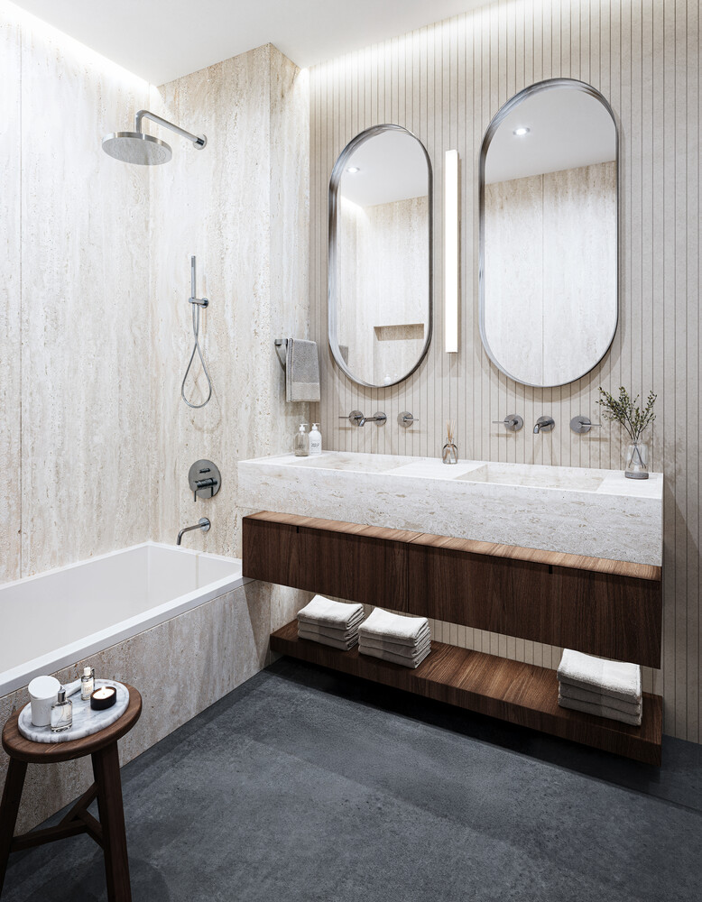 51 South 1st Street, Unit 5 Brooklyn, NY 11249 - Photo 8 of 10 a bathroom with a double vanity sink and a mirror