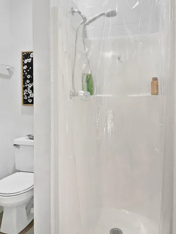 a bathroom with a shower and a toilet