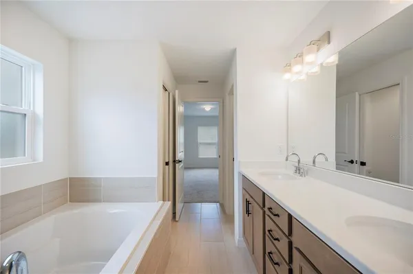 a bathroom with a tub sink and mirror