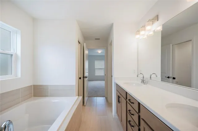 a bathroom with a tub sink and mirror