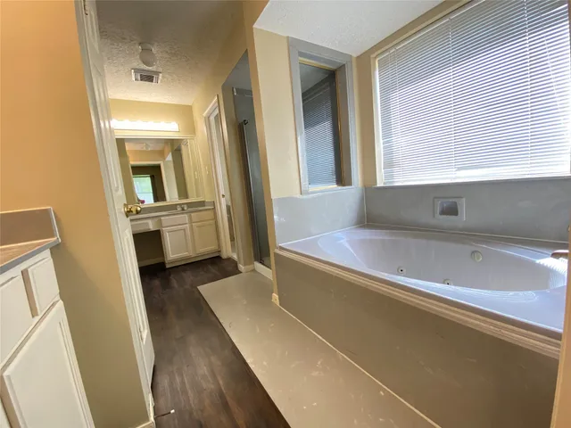 a bathroom with a tub sink and mirror